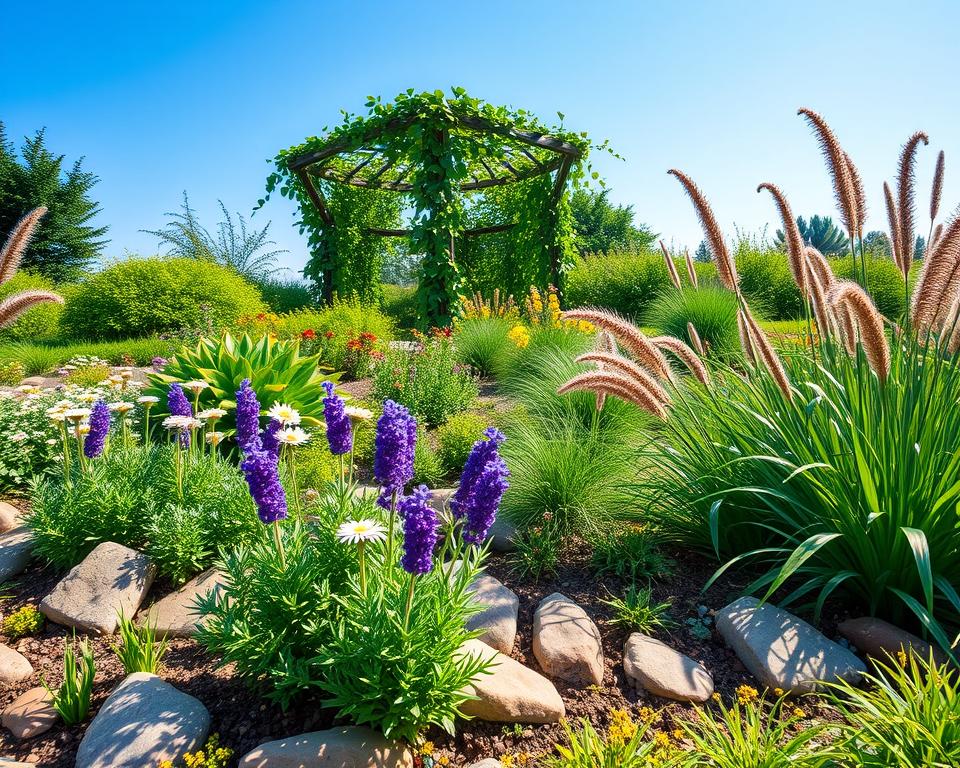 A vibrant garden scene showcasing robust, low-maintenance plants, including colorful perennials like daisies, lavenders, and ornamental grasses. In the foreground, a neatly arranged flower bed with sturdy plants thriving, interspersed with decorative stones. The middle ground features a variety of leafy shrubs with a trellis adorned with climbing vines, suggesting a natural, healthful environment. In the background, a serene view of a clear blue sky, with gentle sunlight casting soft shadows, creating an inviting and calming atmosphere. The angle is slightly elevated, capturing the layout of the garden while emphasizing the richness of textures and colors. Overall, the mood feels fresh and uplifting, epitomizing the essence of a sustainable, easy-to-care-for garden space.