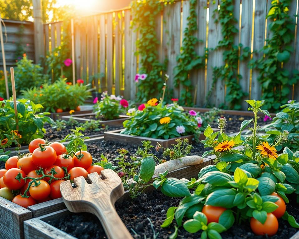 A vibrant kitchen garden scene, filled with various fruits, vegetables, and herbs flourishing in neatly organized raised beds. In the foreground, colorful ripe tomatoes, lettuce, and fragrant basil are presented, with a well-worn wooden garden tool resting nearby. The middle ground features a variety of flowering plants interspersed among the crops, adding bursts of color and attracting pollinators. The background showcases a rustic wooden fence partially covered in climbing vines, bathed in warm golden sunlight, suggesting a peaceful late afternoon. The atmosphere is serene and inviting, conveying a deep connection to nature and sustainability. The lens focuses softly on the rich textures of the leaves and soil, creating a warm and inviting mood.
