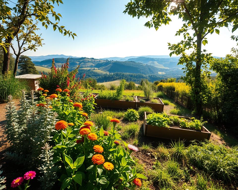 A vibrant, lush Mikroklima Garten set on a gentle hillside, showcasing diverse plant life adapted to a unique microclimate. In the foreground, a variety of colorful flowers bloom beside textured foliage, illustrating the interplay of light and shadow. In the middle section, a carefully arranged vegetable garden thrives, with raised beds exhibiting organic vegetables and herbs, reflecting different soil layers. The background features a serene landscape of rolling hills, a clear blue sky, and dappled sunlight filtering through the leaves of nearby trees, casting soft shadows. The atmosphere is tranquil and inviting, evoking a sense of harmony with nature. Capture this scene with a wide-angle lens to emphasize depth and detail, ensuring the lighting is warm to enhance the garden's vibrant colors. A vibrant, lush Mikroklima Garten set on a gentle hillside, showcasing diverse plant life adapted to a unique microclimate. In the foreground, a variety of colorful flowers bloom beside textured foliage, illustrating the interplay of light and shadow. In the middle section, a carefully arranged vegetable garden thrives, with raised beds exhibiting organic vegetables and herbs, reflecting different soil layers. The background features a serene landscape of rolling hills, a clear blue sky, and dappled sunlight filtering through the leaves of nearby trees, casting soft shadows. The atmosphere is tranquil and inviting, evoking a sense of harmony with nature. Capture this scene with a wide-angle lens to emphasize depth and detail, ensuring the lighting is warm to enhance the garden's vibrant colors.