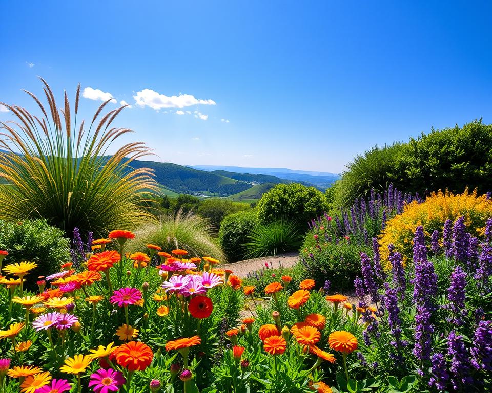 A vibrant, sunlit hillside garden filled with a variety of lush, sun-loving plants. In the foreground, colorful flowering plants such as daisies, marigolds, and lavender create a lively border. The middle ground features a gently sloping area with ornamental grasses and bushy shrubs, their leaves glistening in the bright sunlight. The background showcases the serene landscape with distant rolling hills and a clear blue sky, accentuated by a few fluffy white clouds. The lighting is warm and inviting, highlighting the textures of the leaves and flowers. The scene should evoke a sense of tranquility and inspiration, perfect for a sunny, peaceful garden setting. Focus on a natural composition that invites viewers to imagine creating their own sunlit oasis. A vibrant, sunlit hillside garden filled with a variety of lush, sun-loving plants. In the foreground, colorful flowering plants such as daisies, marigolds, and lavender create a lively border. The middle ground features a gently sloping area with ornamental grasses and bushy shrubs, their leaves glistening in the bright sunlight. The background showcases the serene landscape with distant rolling hills and a clear blue sky, accentuated by a few fluffy white clouds. The lighting is warm and inviting, highlighting the textures of the leaves and flowers. The scene should evoke a sense of tranquility and inspiration, perfect for a sunny, peaceful garden setting. Focus on a natural composition that invites viewers to imagine creating their own sunlit oasis.