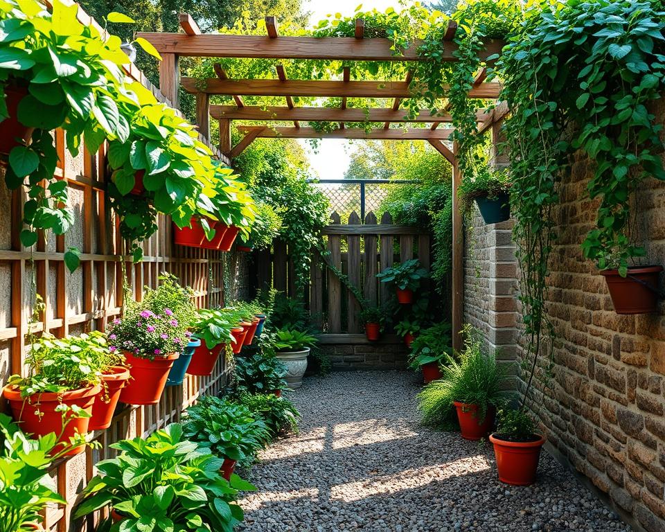 A vibrant vertical garden scene showcasing lush greenery climbing up wooden trellises and colorful flower pots attached to a rustic stone wall. In the foreground, various herbs and flowers thrive in neatly arranged containers, exuding a sense of abundance. The middle ground features an elegant pergola adorned with trailing vines, casting playful shadows on the gravel pathway below. Soft sunlight filters through the foliage, creating a warm, inviting atmosphere. In the background, a quaint fence is partially hidden by cascading plants, enhancing the serene garden aesthetic. Focus on rich textures and vivid colors to evoke a tranquil, natural setting that inspires creativity and joy in gardening. The image should have a soft focus and a slightly elevated angle to capture the depth and layers of this vertical gardening concept.