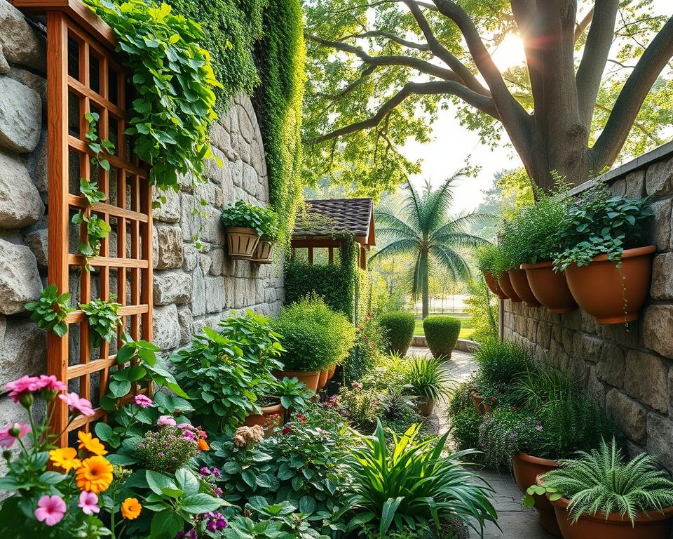 A vibrant vertical garden showcasing an array of lush green plants cascading down a textured stone wall. In the foreground, colorful flowers bloom near a crafted trellis providing an artistic structure for climbing plants, while herbs and greens line stylish, elevated planters. The middle of the scene features a variety of plants, including ferns and succulents, all thriving in a well-organized layout. In the background, soft sunlight filters through a nearby tree, casting gentle shadows that create a peaceful atmosphere. The scene is captured from a slightly elevated angle, using a 35mm lens to highlight the depth and detail of the garden. The overall mood is serene and inviting, perfect for inspiring small garden designs.