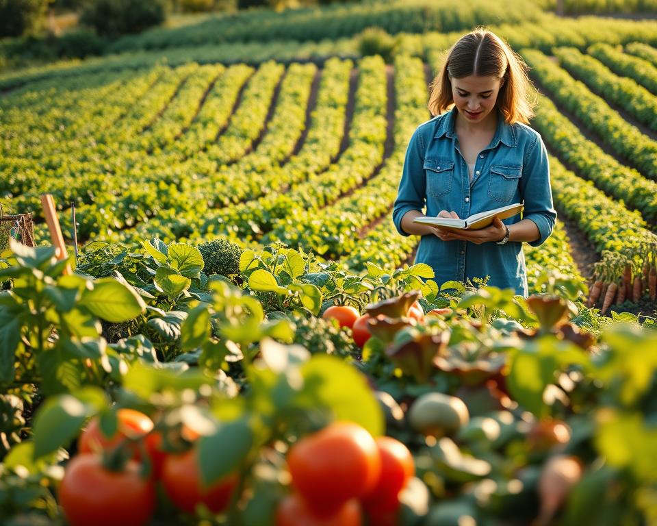 A well-organized vegetable garden that showcases a variety of plants, symbolizing different gardening goals. In the foreground, vibrant vegetables like tomatoes, lettuce, and carrots are visible, suggesting a fruitful harvest. In the middle ground, a gardener in modest casual clothing is seen planning with a notebook and pencil, emphasizing goal-setting and garden management. The background includes a lush, green landscape with a subtle hint of different plant varieties in neatly plotted rows. Soft, warm afternoon sunlight filters through the leaves, creating a serene and productive atmosphere. The scene conveys a sense of harmony, diligence, and the joy of gardening, inviting viewers to immerse themselves in the art of cultivation and seasonal planning. Ideally shot from a slightly elevated angle to capture the garden layout.
