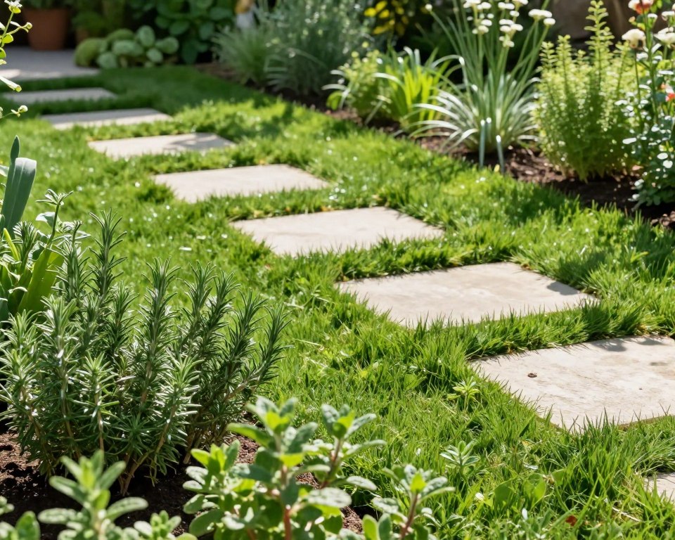 Trittfester Kräuterrasen mit Trittplatten