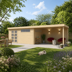 26% Rabatt ✓ 7 × 4 m | Flachdach Holzgartenhaus Nelo 44 D mit 400 cm A | Pultdach | mit Anbau