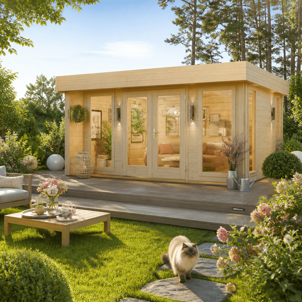 26% Rabatt ✓ 4 × 3 m | Holzgartenhaus mit Flachdach Kubi Mid | Terrasse
