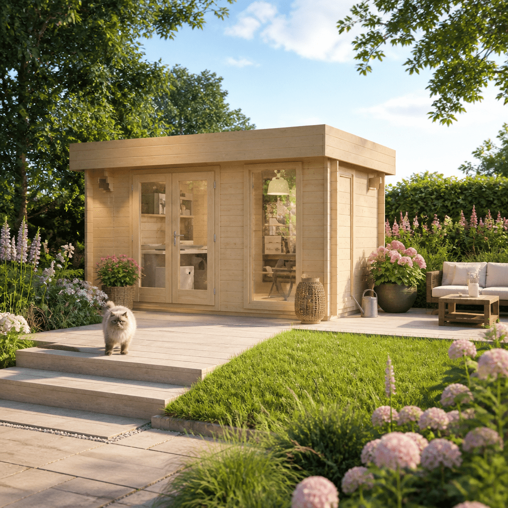 26% Rabatt ✓ 4 × 3 m | Holzgartenhaus mit Flachdach Kubi Min | Terrasse