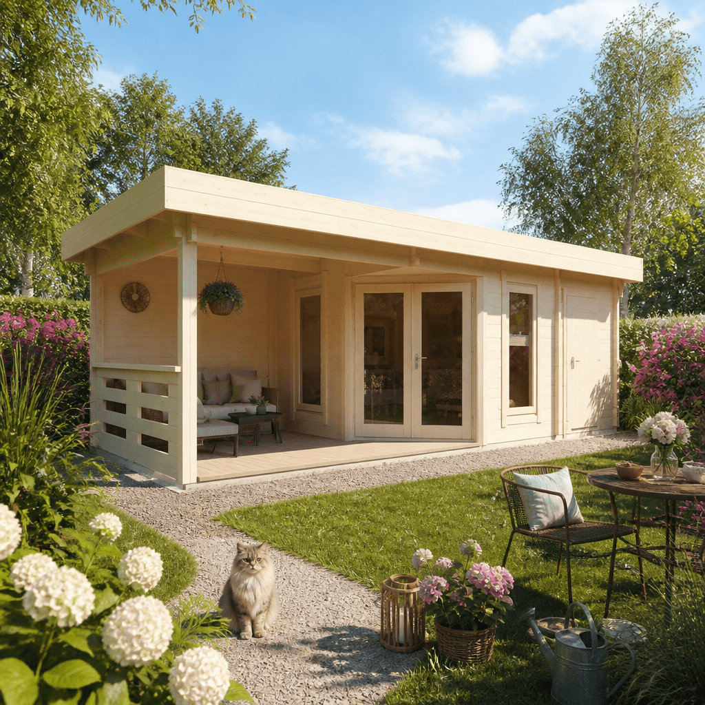 26% Rabatt ✓ 8 × 5 m | Holzgartenhaus Nora 44 E Modern | isoliert | Terrasse