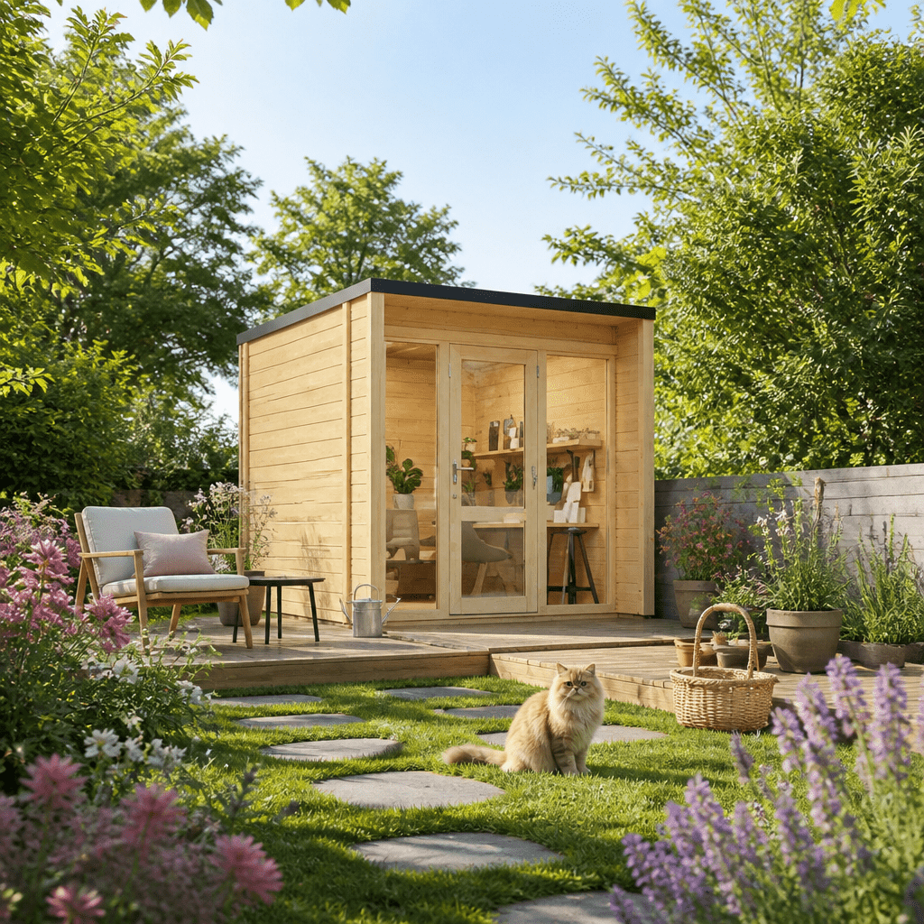 26% Rabatt ✓ 4 × 4 m | Holzgartenhaus Office Box Größe S nat | Glasfront | isoliert | Terrasse