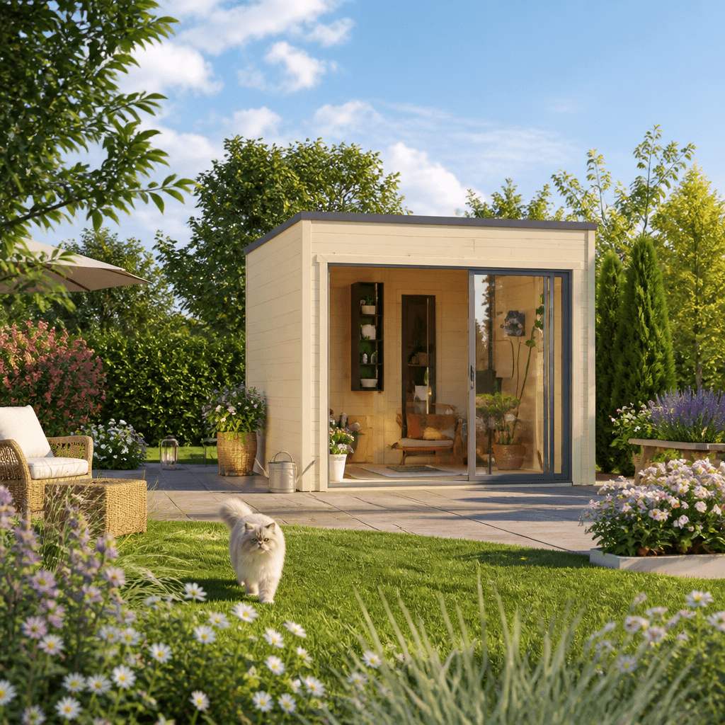 26% Rabatt ✓ 3 × 3 m | Holzgartenhaus Q-BIC Alu 44 G | Glas-Schiebetüren